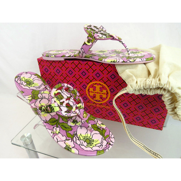 TORY BURCH MILLER BOLD FLOWERS PATENT LEATHER REVA FLATS THONG SLIDES SANDALS 8 - Picture 3 of 14